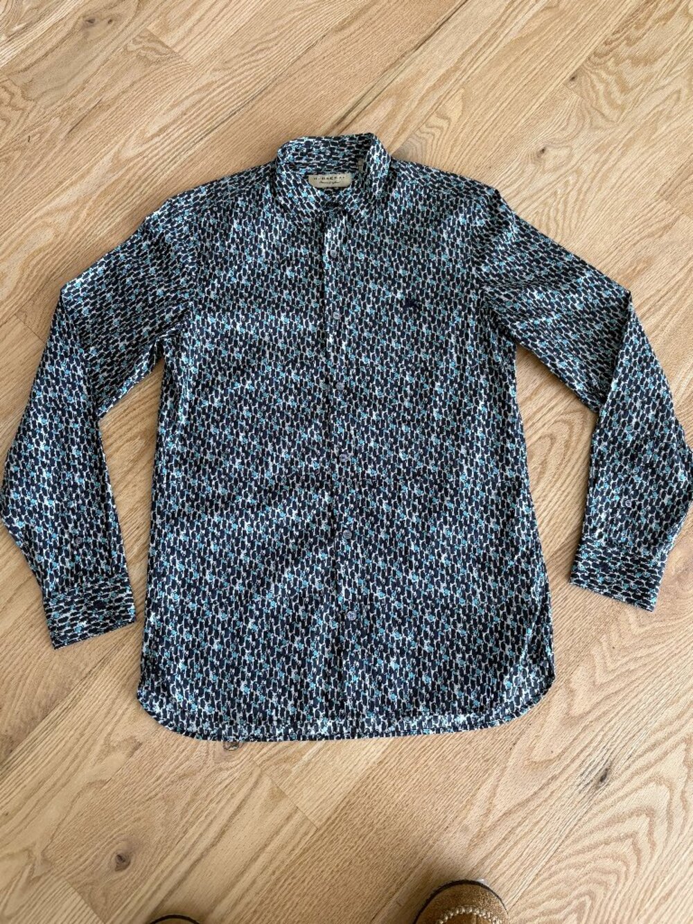 Burberry London Men's Shirt Small Navy Teal Print 100% Cotton Long Sleeve